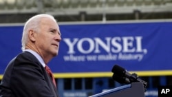 U.S. Vice President Joe Biden delivers a speech at Yonsei University in Seoul, South Korea, Dec. 6, 2013