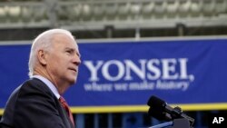 U.S. Vice President Joe Biden delivers a speech at Yonsei University in Seoul, South Korea, Dec. 6, 2013