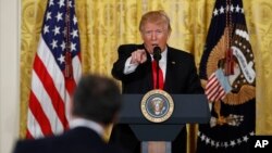 President Donald Trump speaks during a news conference, Feb. 16, 2017, in the East Room of the White House in Washington. 