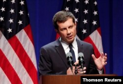 FILE - U.S. Democratic presidential candidate Mayor Pete Buttigieg delivers remarks on foreign policy and national security in Bloomington, Indiana.