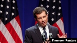 U.S. Democratic presidential candidate Mayor Pete Buttigieg delivers remarks on foreign policy and national security in Bloomington Indiana