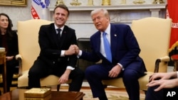 President Donald Trump, right, meets with France's President Emmanuel Macron in the Oval Office of the White House in Washington, Feb. 24, 2025.