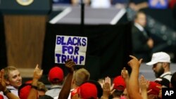 FILE - A man raises a "Blacks for Trump" sign as President Donald Trump speaks at a campaign rally, in Fargo, North Dakota, June 27, 2018.