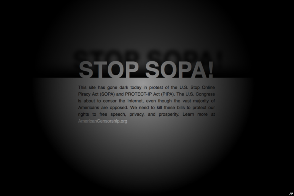 Many sites displayed this message, which provides a link to the SOPA petition site americancensorship.org.