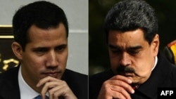 Foto kombinasi dari kiri: Presiden Sementara Venezuela, Juan Guaido di Caracas (8 Januari 2019) dan Presiden Venezuela Nicolas Maduro di Minsk, Belarus, 5 Oktober 2017 (Foto: dok).