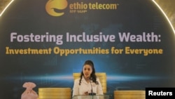 Ethio-Telecom Chief Executive Officer, Frehiwot Tamiru, addresses the launch of 10% share offer of the state owned Telecom operator, to Ethiopian nationals in Addis Ababa, Ethiopia, Oct. 16, 2024. 