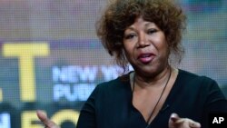 FILE - Civil rights icon Ruby Bridges speaks during PBS’ "The African Americans: Many Rivers to Cross with Henry Louis Gates Jr." session at the Television Critics Association Summer Press Tour in Los Angeles.