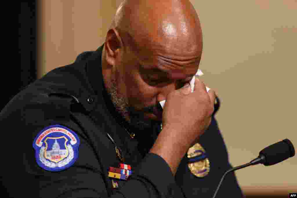 U.S. Capitol Police officer Harry Dunn becomes emotional as he testifies during the Select Committee investigation of the January 6, 2021, attack on the U.S. Capitol, during their first hearing on Capitol Hill.