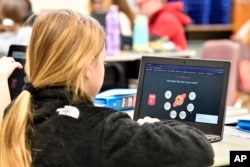 미국 켄터키주 초등학교 재학생이 랩탑 컴퓨터를 통해 감정 검진을 실시하고 있다. (자료사진)