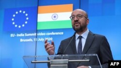 FILE - European Council President Charles Michel speaks during a news conference in Brussels, July 15, 2020, after a virtual summit with Indian Prime Minister Narendra Modi.