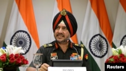 Indian army's director general of military operations Lt General Ranbir Singh speaks to the media in New Delhi. India says it launched a strike against militants inside Pakistan.