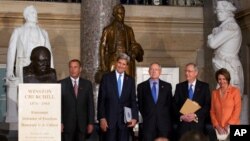 From left, House Speaker John Boehner, Secretary of State John Kerry, Senate Majority Leader Harry Reid, Senate Minority Leader Mitch McConnell and House Minority Leader Nancy Pelosi arrive in Statuary Hall on Capitol Hill for a ceremony to dedicate a bust of Winston Churchill, Oct. 30, 2013. 