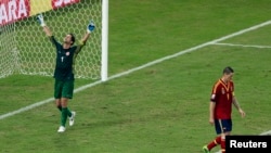 Tahiti's goalkeeper Mikael Roche celebrates during Confederations Cup soccer match in Rio de Janeiro, June 20, 2013