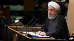 Presiden Iran Hassan Rouhani saat berpidato di hadapan Sidang ke-73 Majelis Umum PBB, di Markas Besar PBB, New York, 25 September 2018. (Foto: dok). 