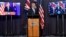 Thủ tướng Australia Scott Morrison (giữa) họp báo chung với lãnh đạo của Mỹ và Anh qua đường truyền video, 16/9/2021.