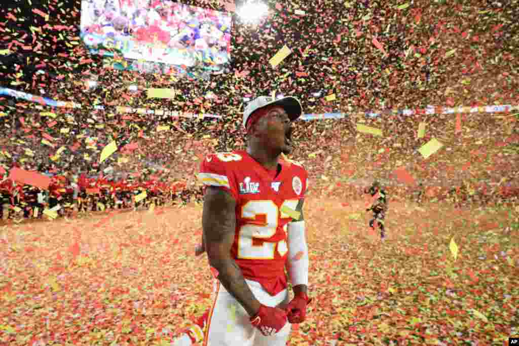 Kansas City Chiefs defensive back Armani Watts (23) celebrates his team&#39;s victory over the San Francisco 49ers in Super Bowl 54, Feb. 2, 2020 in Miami Gardens, Fla. 
