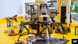 A Lego model of the Apollo 11 lunar lander is displayed in the company's store in New York, June 18, 2019. 