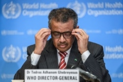 FILE - World Health Organization (WHO) Director-General Tedros Adhanom Ghebreyesus is seen at a daily press briefing on the coronavirus, at the WHO headquarters, March 11, 2020, in Geneva.