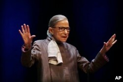 U.S. Supreme Court Justice Ruth Bader Ginsburg speaks at the University of California at Berkeley, in Berkeley, California, Oct. 21, 2019.