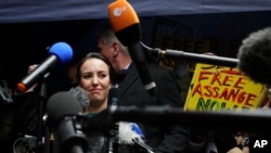 Stella Moris, girlfriend of Julian Assange, speaks to the media after a ruling that he cannot be extradited to the United States, outside the Old Bailey in London, Jan. 4, 2021.