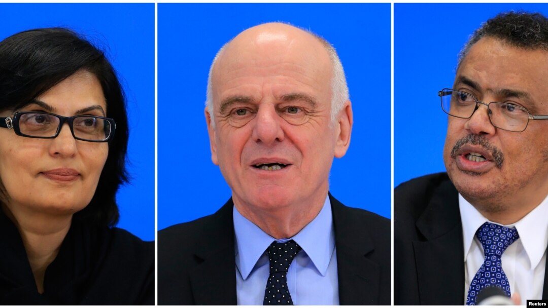 Kandidat direktur WHO, dari kiri: Sania Nishtar (pakistan), David Nabarro (Inggris) danTedros Adhanom Ghebreyesus (Ethiopia).