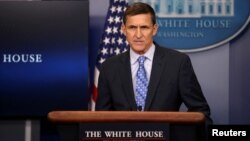 FILE - Then-national security adviser Michael Flynn delivers a statement at the White House in Washington, Feb. 1, 2017.