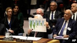 Palestinian President Mahmoud Abbas holds up a document as he speaks during a Security Council meeting at United Nations headquarters.