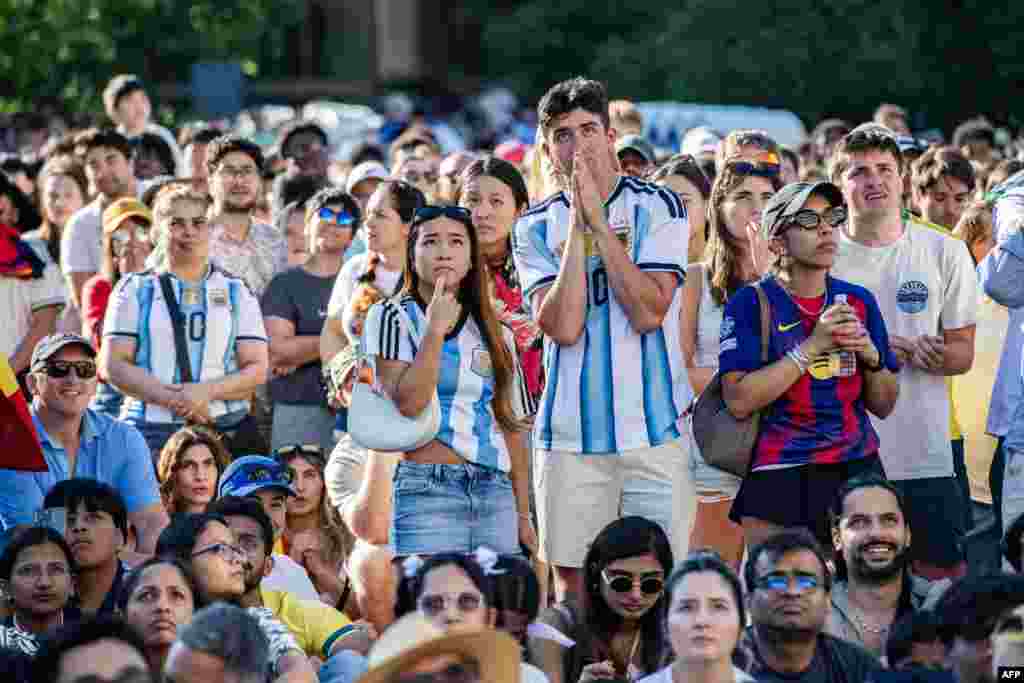 Argentina fans react during a watch party for the 2026 World Cup Final between Spain and Argentina at City Hall Plaza in Boston on July 19, 2026.