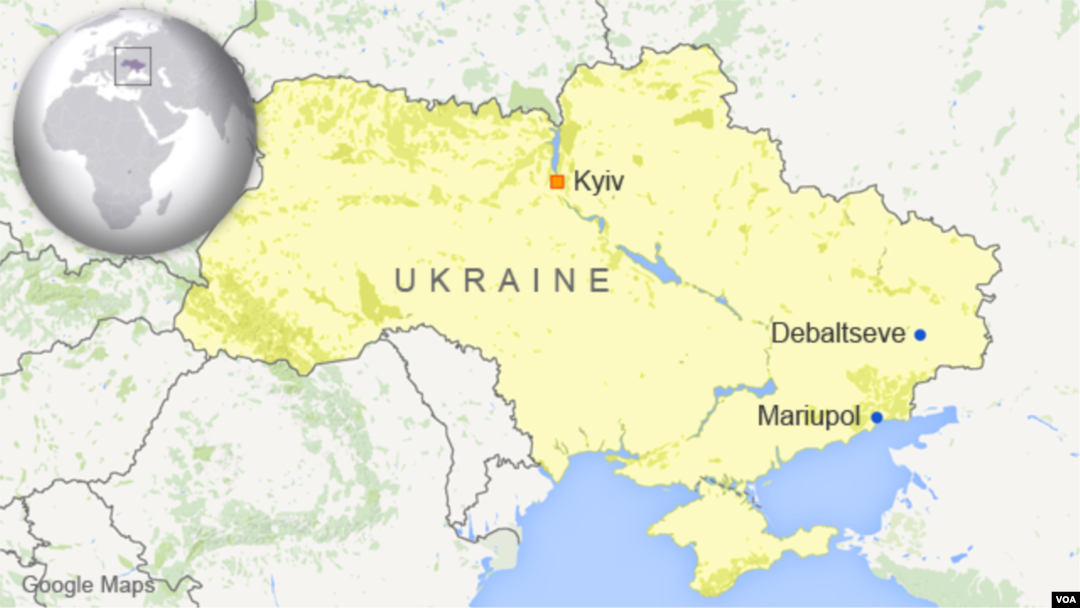 Peta wilayah Ukraina dan letak kota Debaltseve dan Mariupol.