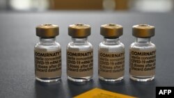 Used vials of Pfizer-BioNTech's Comirnaty COVID-19 vaccine against the novel coronavirus stand next to a vaccination card in a doctor's practice in Suhl, Germany, on May 6, 2021. 