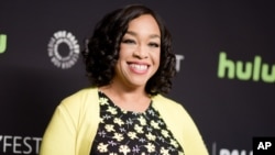 FILE - Shonda Rhimes is seen attaneding the 33rd Annual Paleyfest: "Scandal" event in Los Angeles, California, March 15, 2016.