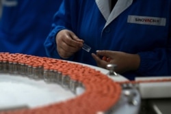 A worker inspects vials of SARS CoV-2 Vaccine for COVID-19 produced by SinoVac at its factory in Beijing, Sept. 24, 2020.