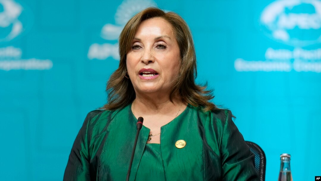 Presiden Peru Dina Boluarte berbicara dalam KTT APEC di Lima, Peru, pada 16 November 2024. (Foto: AP/Fernando Vergara)
