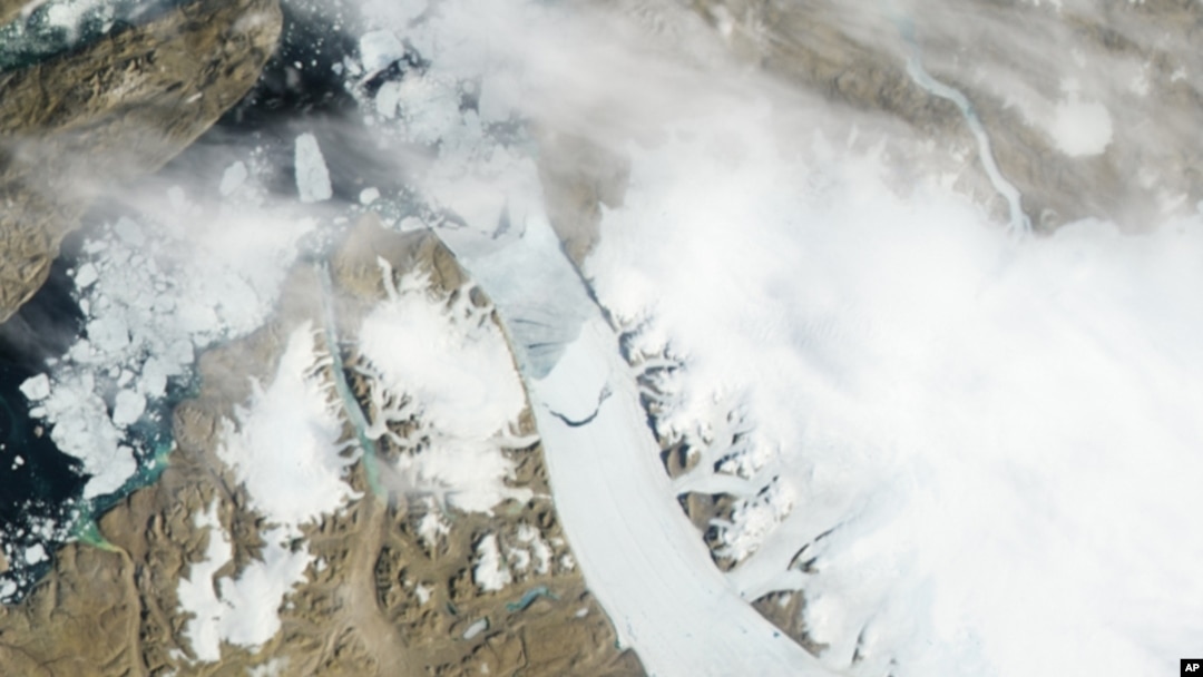 Gambar-gambar dari satelit NASA menunjukkan gunung es terlepas dari gletser Petermann di Greenland (foto: 16/7). 