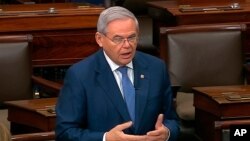 In this image from video, Sen. Robert Menendez, D-N.J., speaks on the Senate floor about the impeachment trial against President Donald Trump at the U.S. Capitol in Washington, Tuesday, Feb. 4, 2020. The Senate will vote on the Articles of…