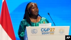 FILE — Ruth Nankabirwa, Uganda's Minister of energy and mineral Development, speaks at the COP27 U.N. Climate Summit, on November 15, 2022, in Sharm el-Sheikh, Egypt. 