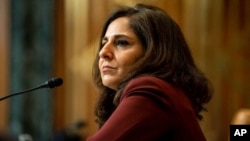 FILE - Neera Tanden, nominee for Director of the Office of Management and Budget (OMB), appears before a Senate Committee on Capitol Hill, Feb. 10, 2021.