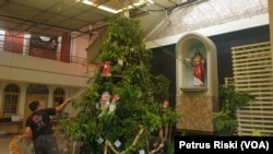 Pohon Natal dari benih pohon buah menghiasi depan Gereja Katolik Paroki Kristus Raja Surabaya (Petrus Riski/VOA)