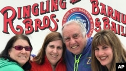 Gene Goldstein (center right) and his family stop for a photo outside the Nassau Veteran's Memorial Coliseum in Uniondale, N.Y., which is hosting the final performances of the Ringling Brothers and Barnum & Bailey Circus, May 20, 2017. From left are Cheryl Goldstein, Dawn Mirowitz, Gene Goldstein and Heather Greenberg.