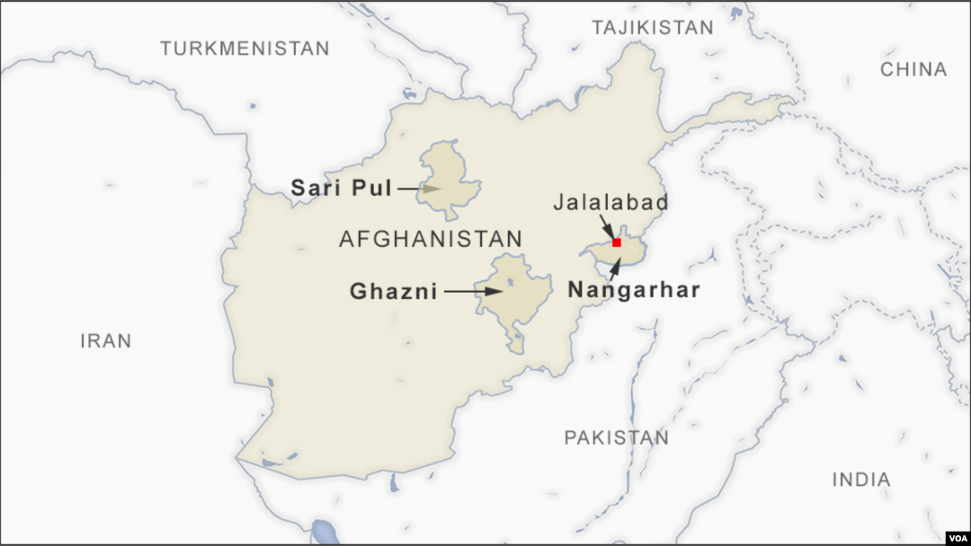 Letak kawasan Nangarhar, Sari Pul dan provinsi Ghazni di Afghanistan.