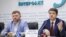 Dmytro Razumkov (R) and Oleksandr Korniyenko, leaders of Ukrainian President Volodymyr Zelenskiy's political party Servant of the People, speak at a news conference in Kyiv, Ukraine, May 27, 2019.