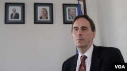 George Edgar, European Union Ambassador to Cambodia, sits during an interview inside his Phnom Penh office in March. (Aun Chhengpor/VOA Khmer)