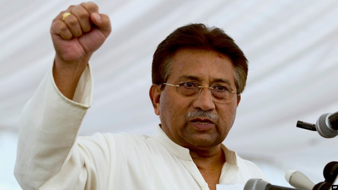 FILE - Pakistan's former President and military ruler Pervez Musharraf addresses his party supporters at his house in Islamabad, April 15, 2013.