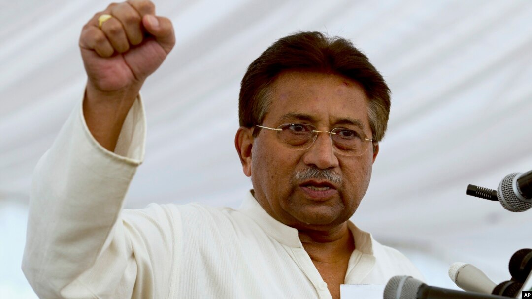 FILE - Pakistan's former President and military ruler Pervez Musharraf addresses his party supporters at his house in Islamabad, April 15, 2013.