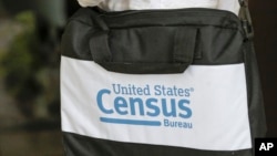 FILE - The briefcase of a census taker is seen as she knocks on the door of a residence, in Winter Park, Florida, Aug. 11, 2020.