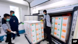 FILE - In this Dec. 7, 2020, photo released by Indonesian Presidential Palace, workers spray disinfectant on boxes of experimental coronavirus vaccines made by Chinese company Sinovac arriving in Bandung, West Java, Indonesia.