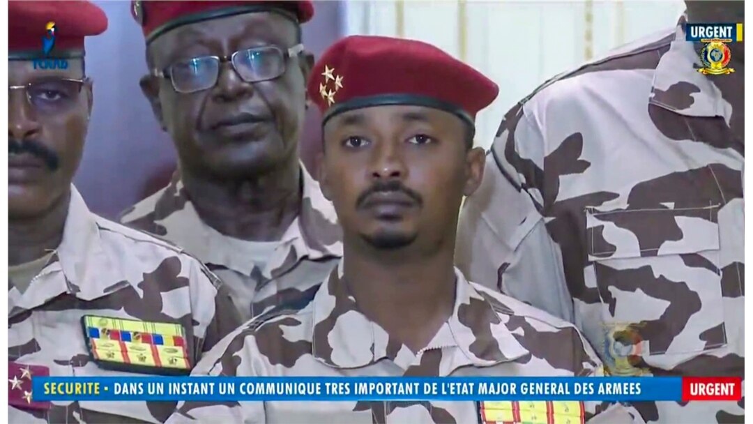 Mahamat Idriss Deby Itno, 37, the son of Chadian President Idriss Deby Itno, is seen during a military broadcast announcing the death of his father on state television, April 20, 2021.