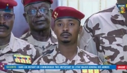 Mahamat Idriss Deby Itno, 37, the son of Chadian President Idriss Deby Itno, is seen during a military broadcast announcing the death of his father on state television, April 20, 2021.