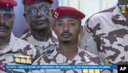 FILE - Mahamat Idriss Deby Itno, 37, the son of the late Chadian President Idriss Deby Itno, is seen during a military broadcast announcing the death of his father on state television, April 20, 2021.