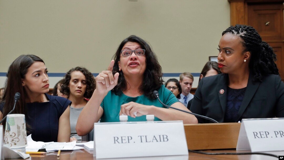 Rep. Rashida Tlaib, D-Mich., testifies before the House Oversight Committee on family separation and detention centers, July 12, 2019, on Capitol Hill in Washington. With her are Reps. Alexandria Ocasio-Cortez, D-NY., left, and Ayanna Pressley, D-Mass.